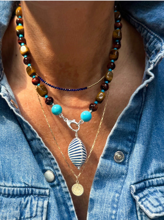 SUNDANCE : tiger's eye, turquoise and howlite beaded gemstone necklace