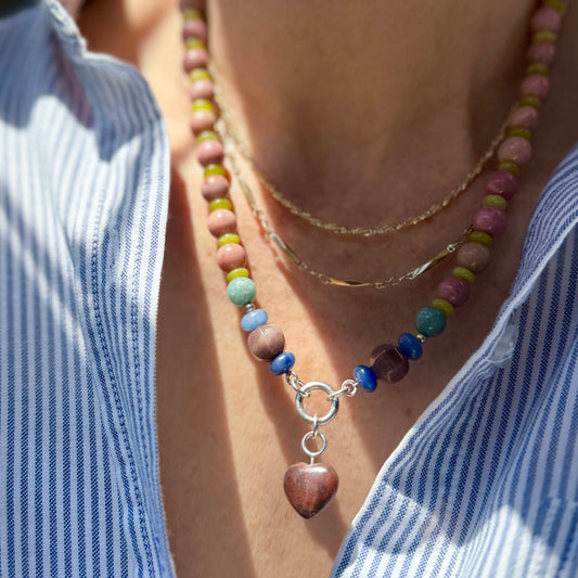 WREN : pastel beaded gemstone necklace, rhodochrosite, yellow jade, moonstone, aventuine, and dumortierite