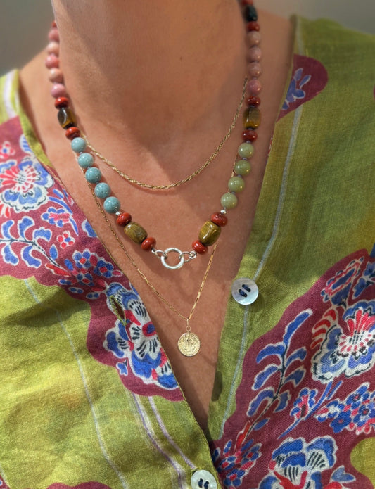 BRIELLE : tiger's eye, rhodochrosite, Burmese jade and jasper