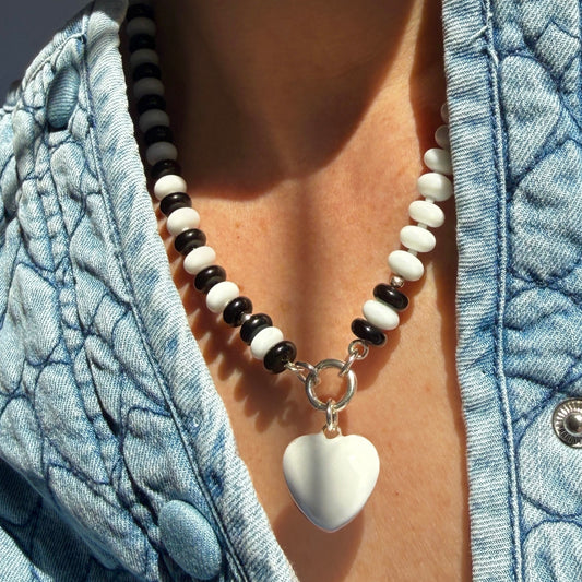 DOMINO : white + black onyx beaded gemstone necklace