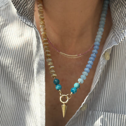 Dune Blossom : mother of pearl, rhodonite, chalcedony, pink quartz, chalcedony and aquamarine - Natural Gemstone Beaded Necklace