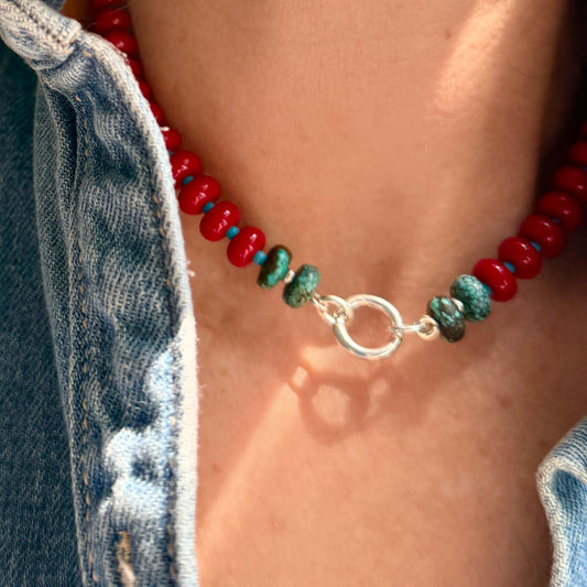 Hot + Cool : Red Coral+ Turquoise - Natural Gemstone Beaded Necklace
