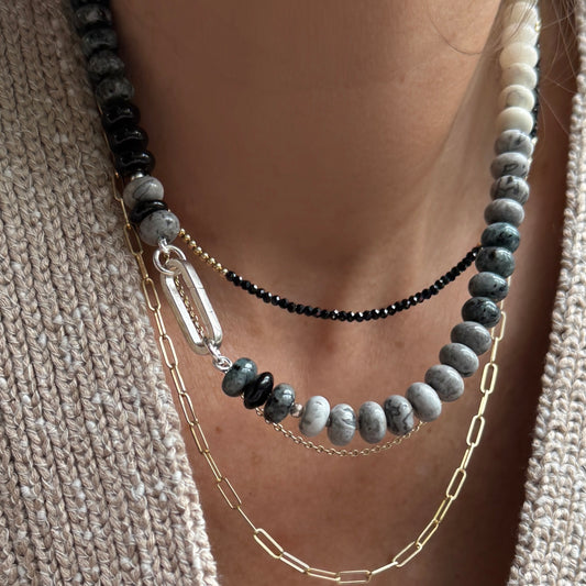 Drift Stone : black onyx, howlite, chalcedony, and jasper - Natural Gemstone Beaded Necklace