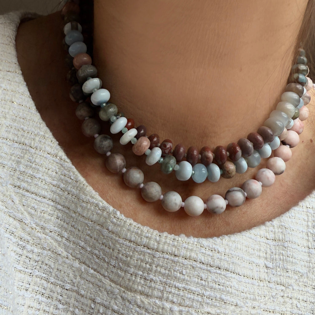 This gemstone necklace, made with Jasper and Moonstone, is designed for lasting elegance, featuring a 14K gold or sterling silver clasp for a polished, personalized touch.