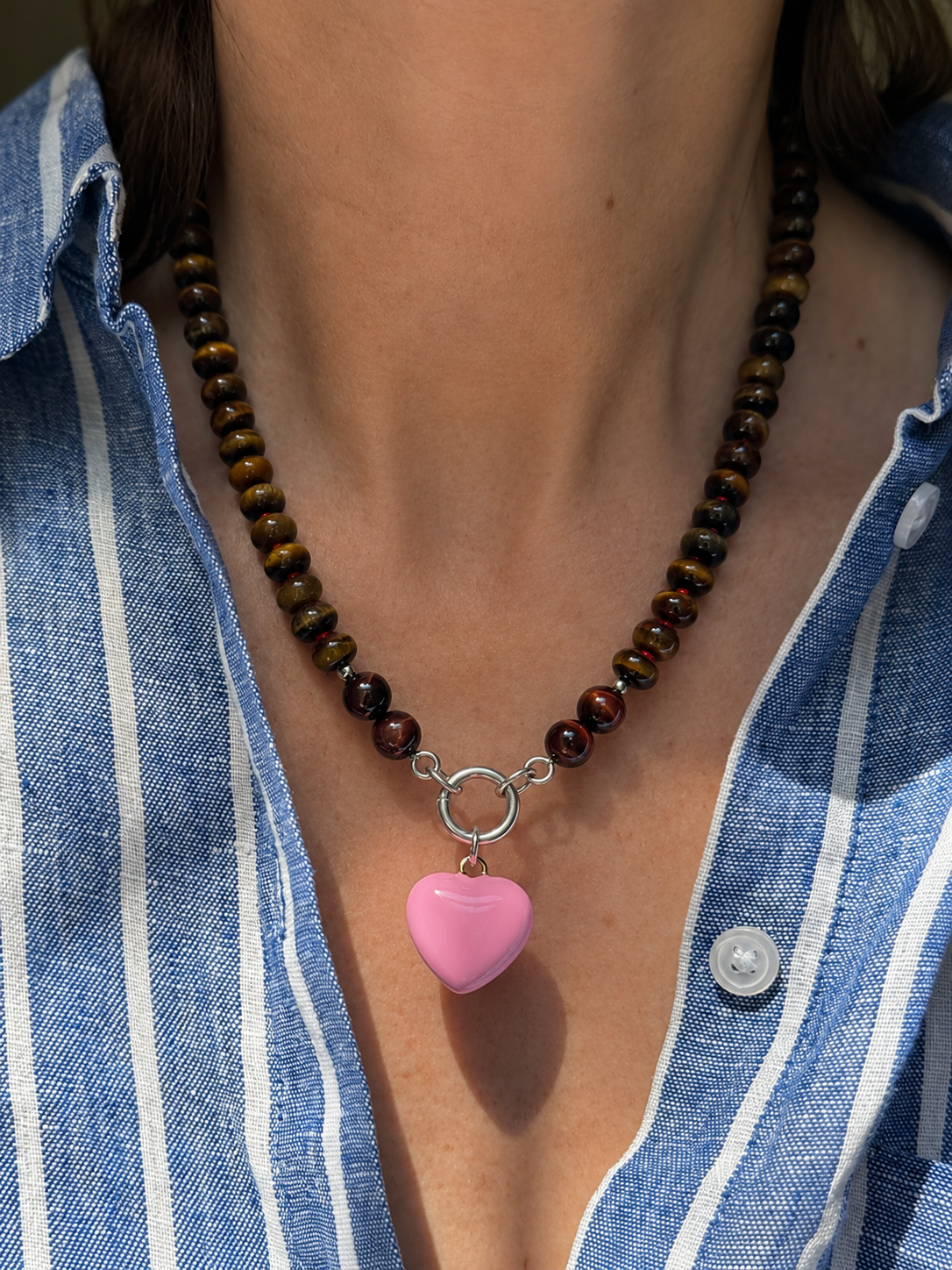 Light Pink Puffy Enamel Heart on Sterling Silver Chain