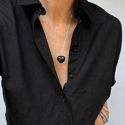 Black Puffy Enamel Heart on Sterling Silver Chain
