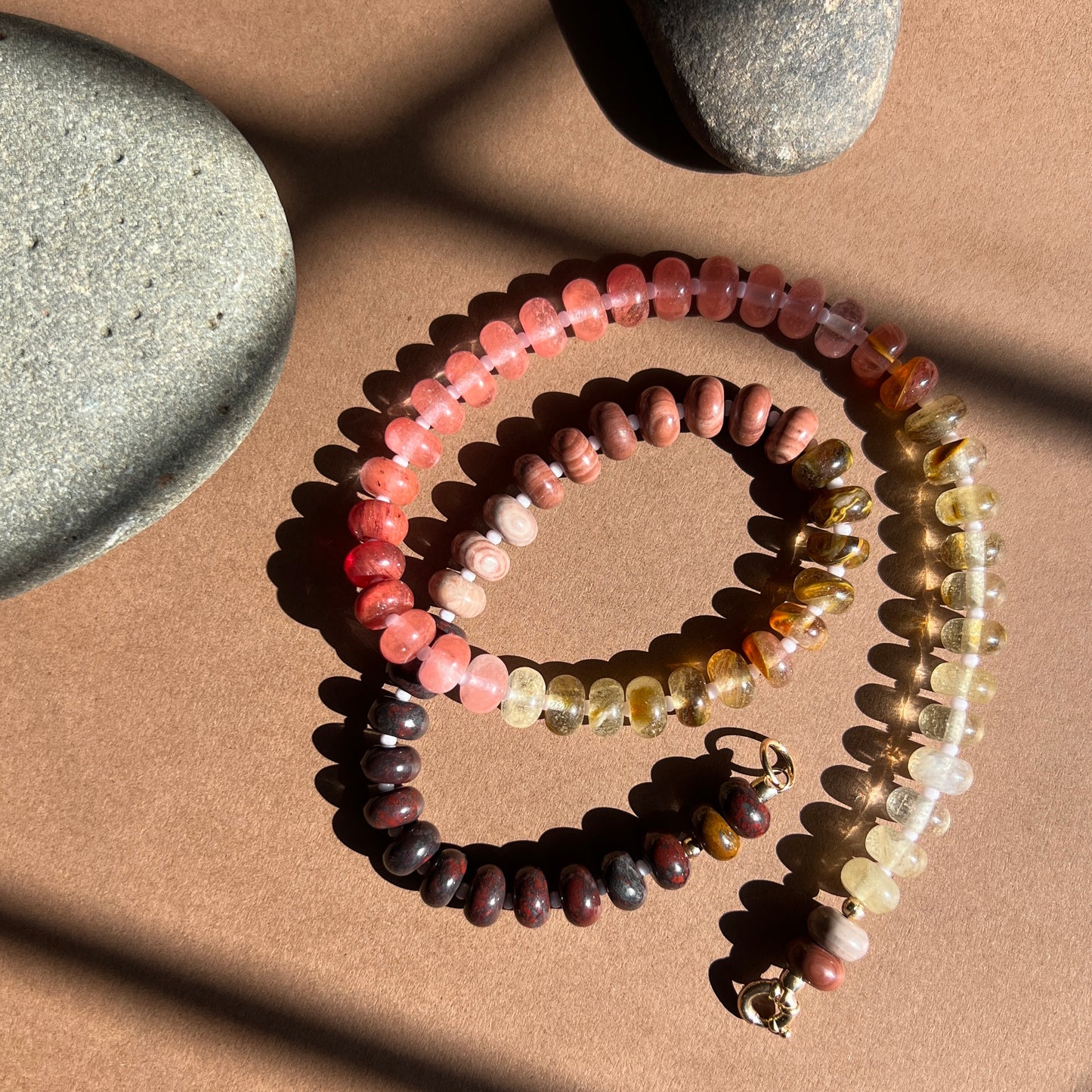 Desert Rose Necklace with rhodonite, jasper, quartz, and coral gemstones, finished with a 14k gold or sterling silver clasp for versatile, lasting elegance.