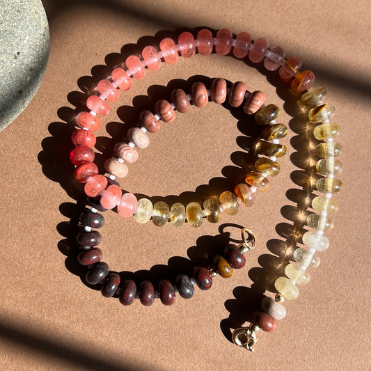 Desert Rose Necklace with rhodonite, jasper, quartz, and coral gemstones, finished with a 14k gold or sterling silver clasp for versatile, lasting elegance.