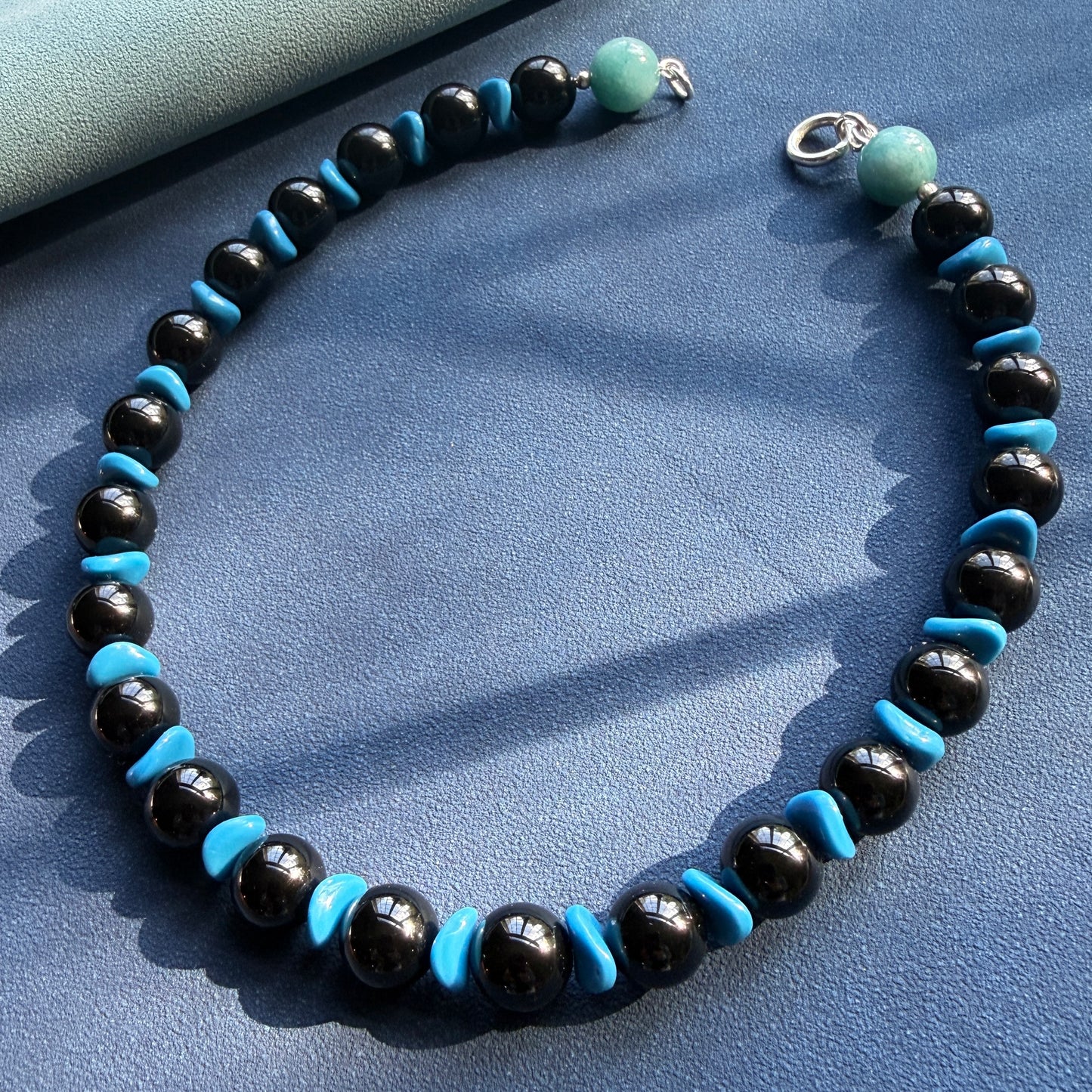 BLUE NIGHT : black onyx, vintage Japanese glass wavy beads + aquamarine