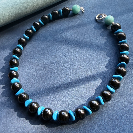 BLUE NIGHT : black onyx, vintage Japanese glass wavy beads + aquamarine