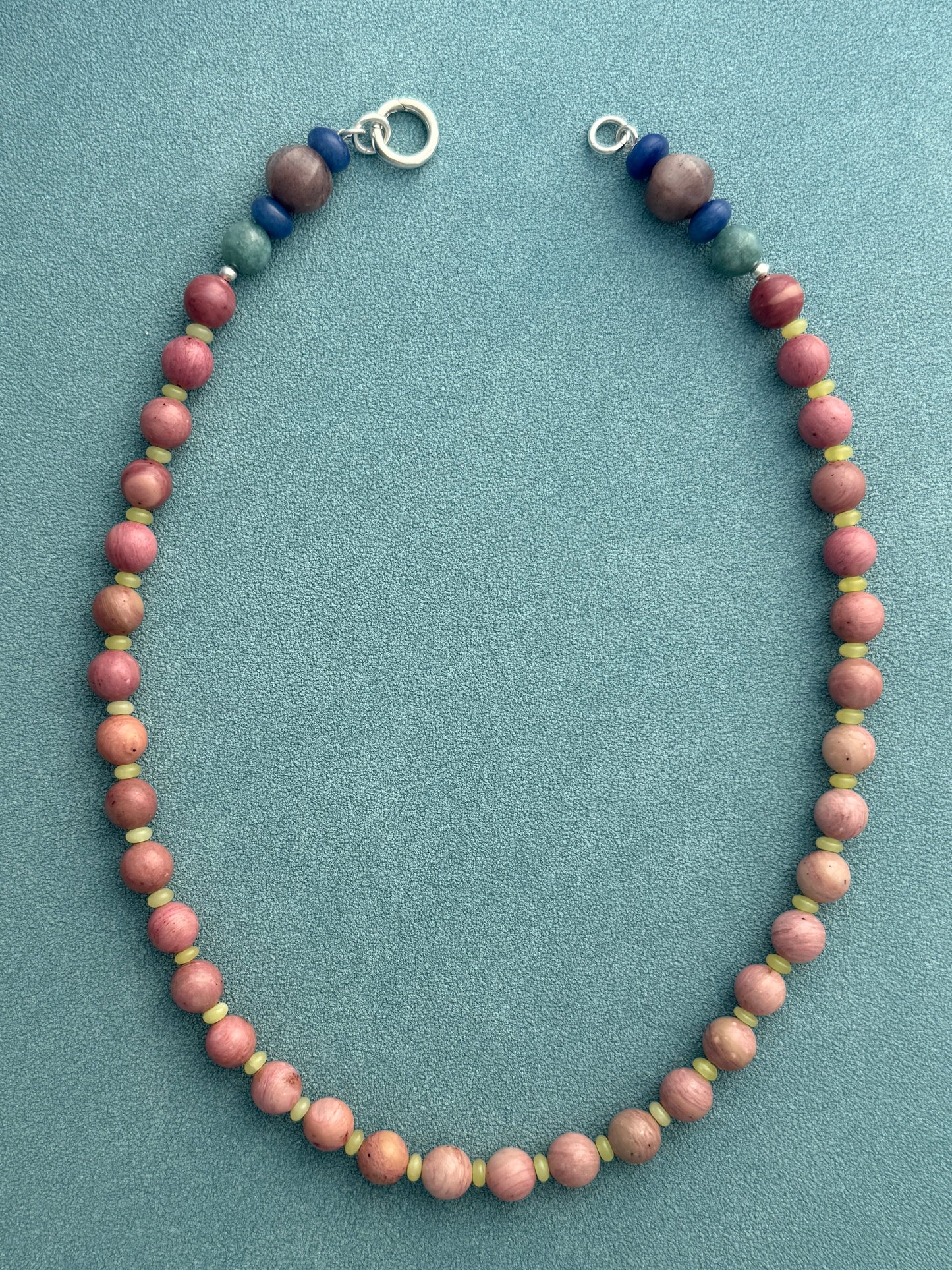 WREN : pastel beaded gemstone necklace, rhodochrosite, yellow jade, moonstone, aventuine, and dumortierite