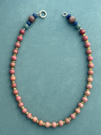 WREN : pastel beaded gemstone necklace, rhodochrosite, yellow jade, moonstone, aventuine, and dumortierite