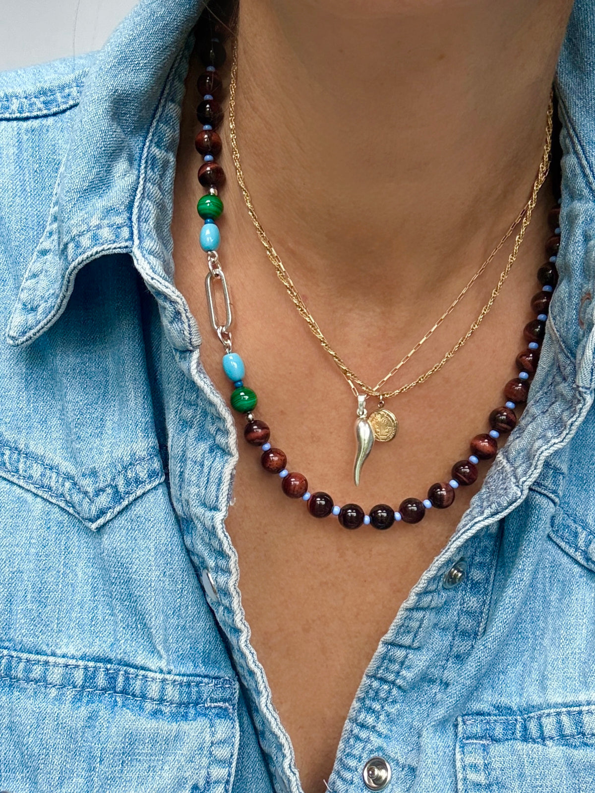DELLA : tiger's eye and malachite gemstone necklace