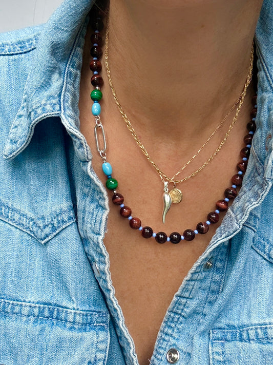 DELLA : tiger's eye and malachite gemstone necklace