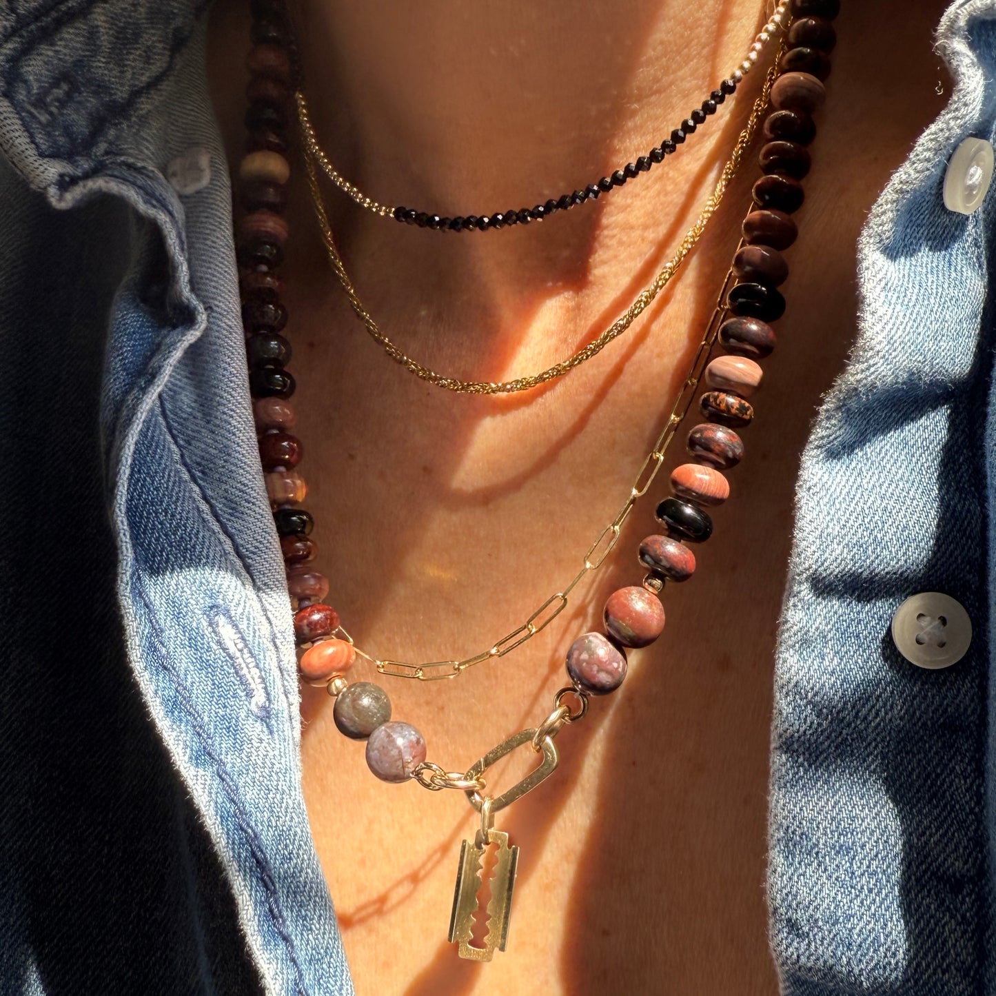 Fired Earth : black onyx, tiger's eye, bloodstone and jasper - Natural Gemstone Beaded Necklace