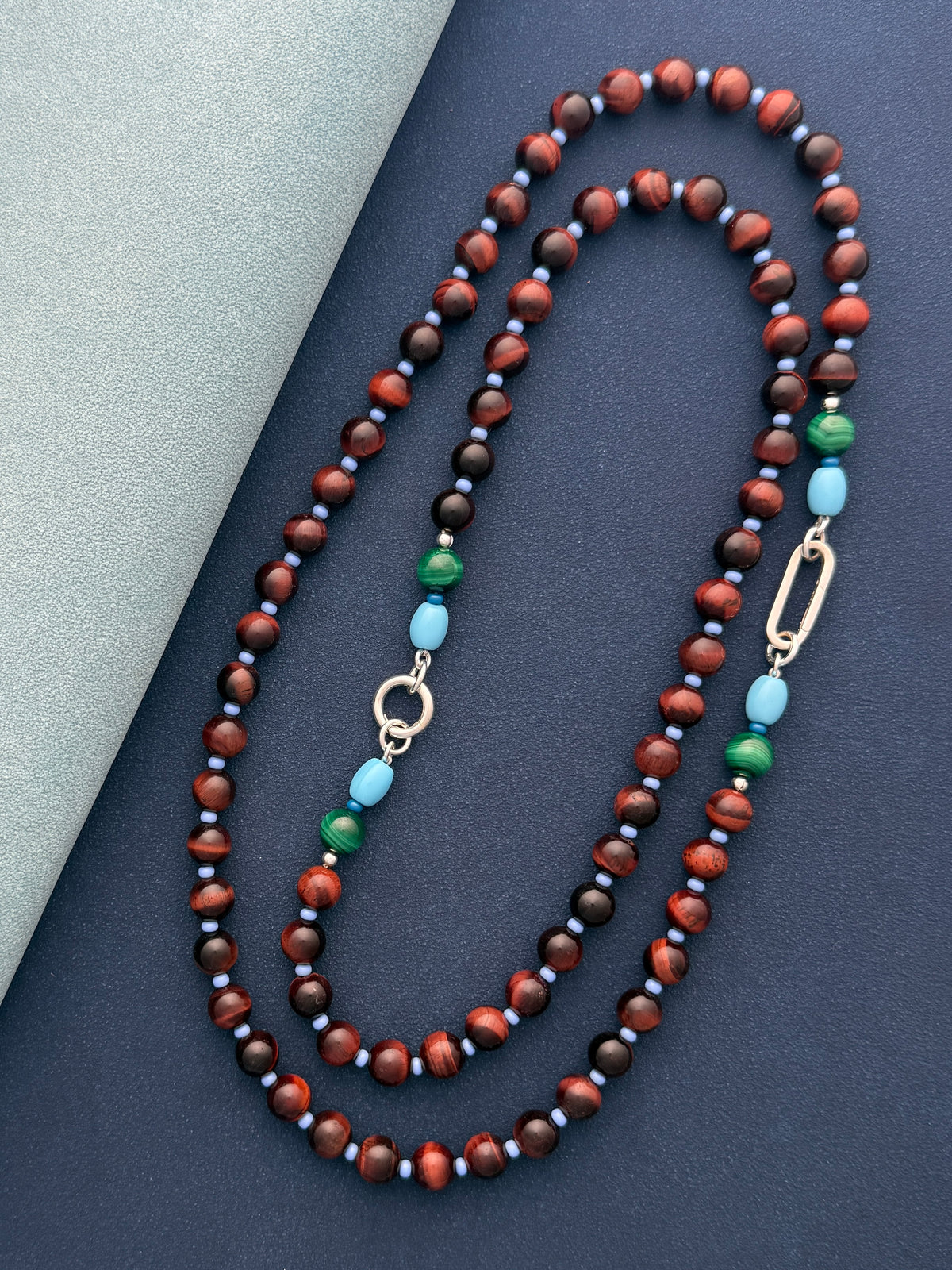 DELLA : tiger's eye and malachite gemstone necklace