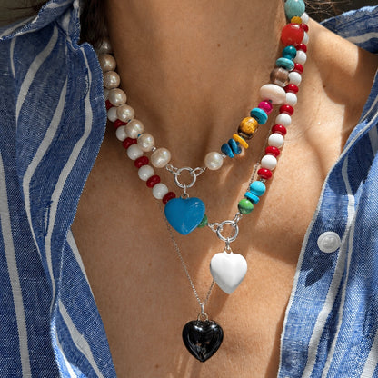 Blue Puffy Enamel Heart on Sterling Silver Chain