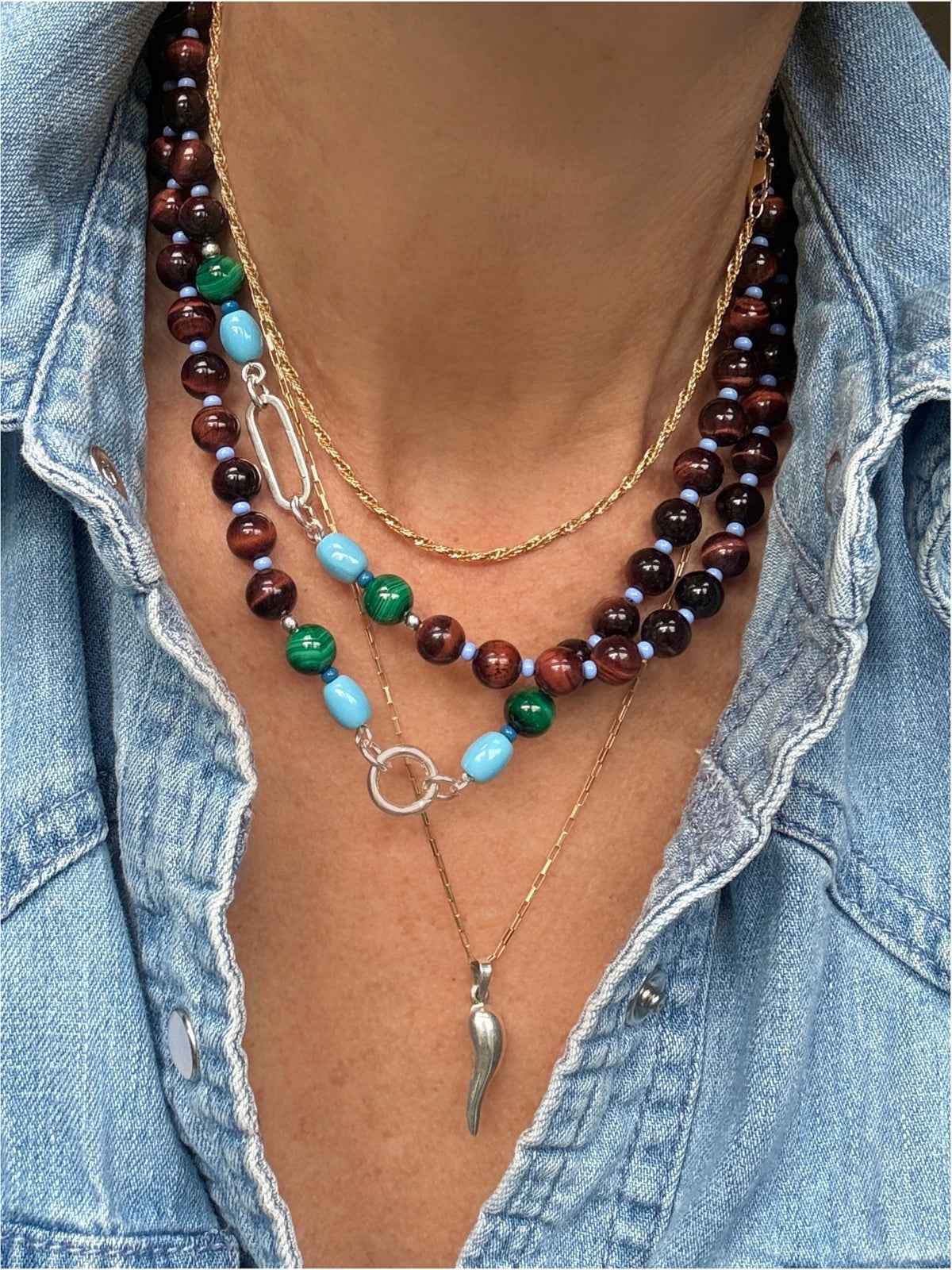 DELLA : tiger's eye and malachite gemstone necklace
