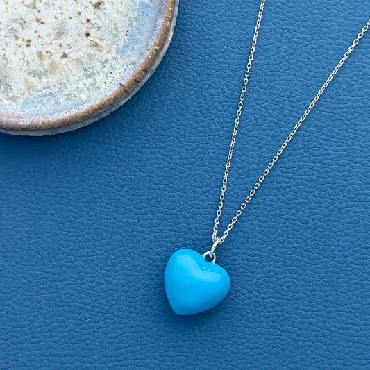 Blue Puffy Enamel Heart on Sterling Silver Chain