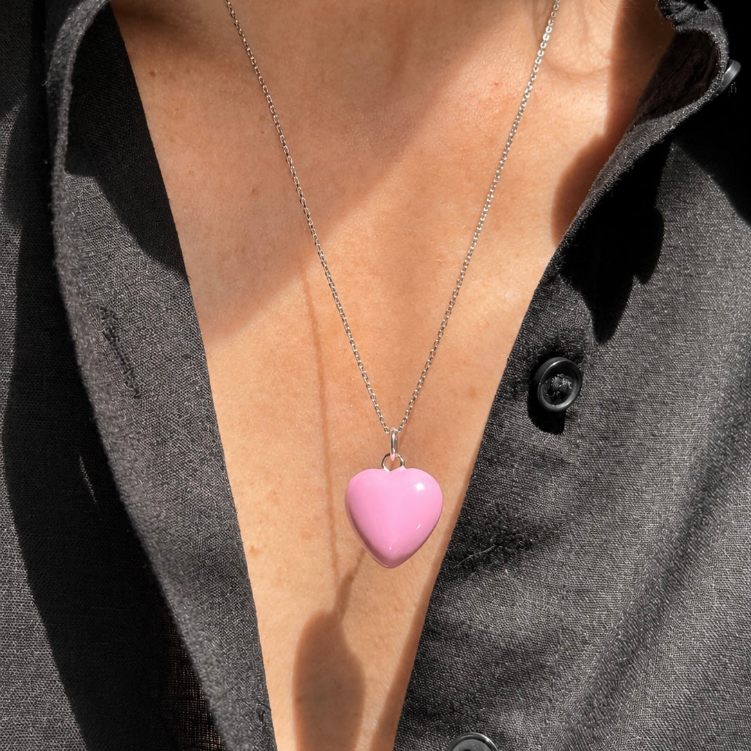 Light Pink Puffy Enamel Heart on Sterling Silver Chain
