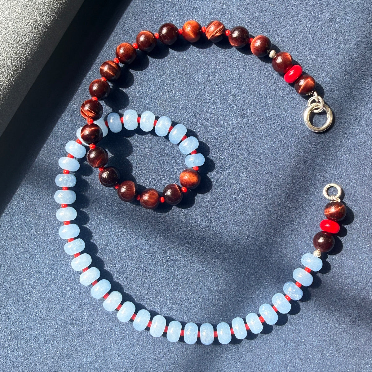 COLLAB! Happy Kicks : tiger's eye, jade and red coral beaded gemstone necklace