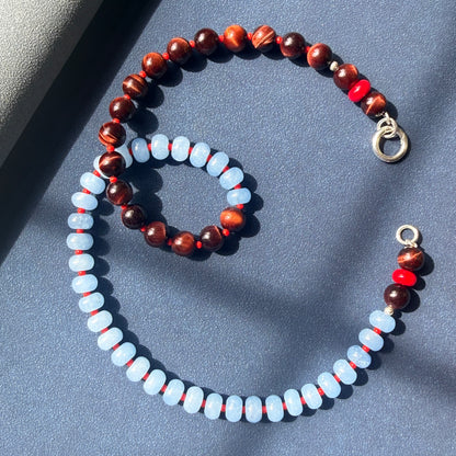 COLLAB! Happy Kicks : tiger's eye, jade and red coral beaded gemstone necklace