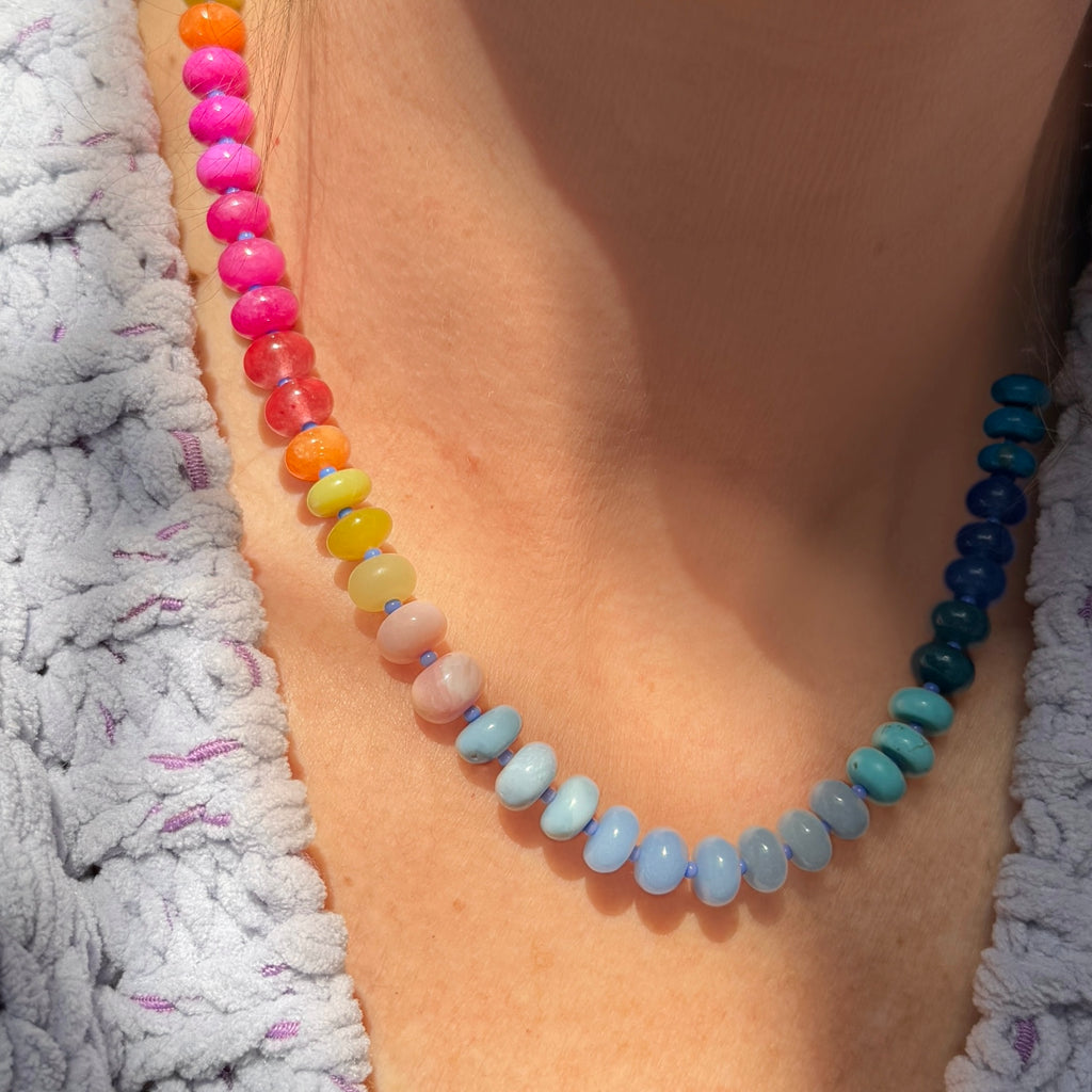 Embrace the natural beauty of Opal, Jade, Chalcedony, Howlite, and Lapis with this handmade necklace, featuring a customizable 14K gold or sterling silver clasp for a unique style.