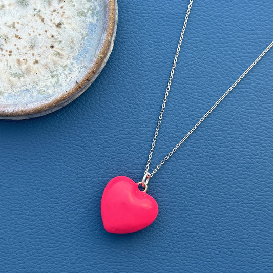Hot Pink Puffy Enamel Heart on Sterling Silver Chain