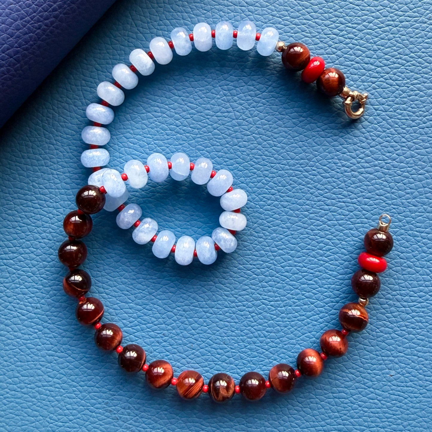 COLLAB! Happy Kicks : tiger's eye, jade and red coral beaded gemstone necklace