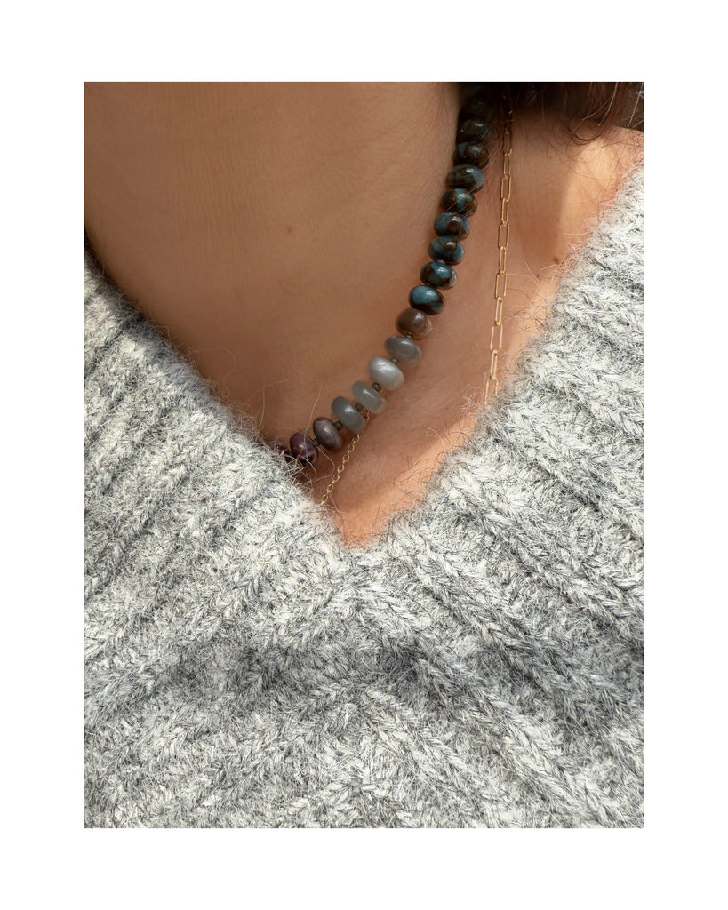 Embrace the natural beauty of Jasper and Moonstone with this handcrafted necklace, featuring a 14K gold or sterling silver clasp, ideal for customizing with your favorite charm.