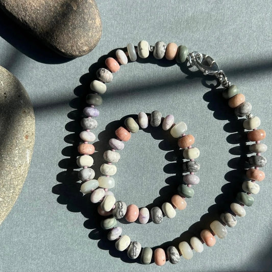 Pebble Flow: moonstone, rhodonite, jasper, howlite and fluorite - Natural Gemstone Beaded Necklace