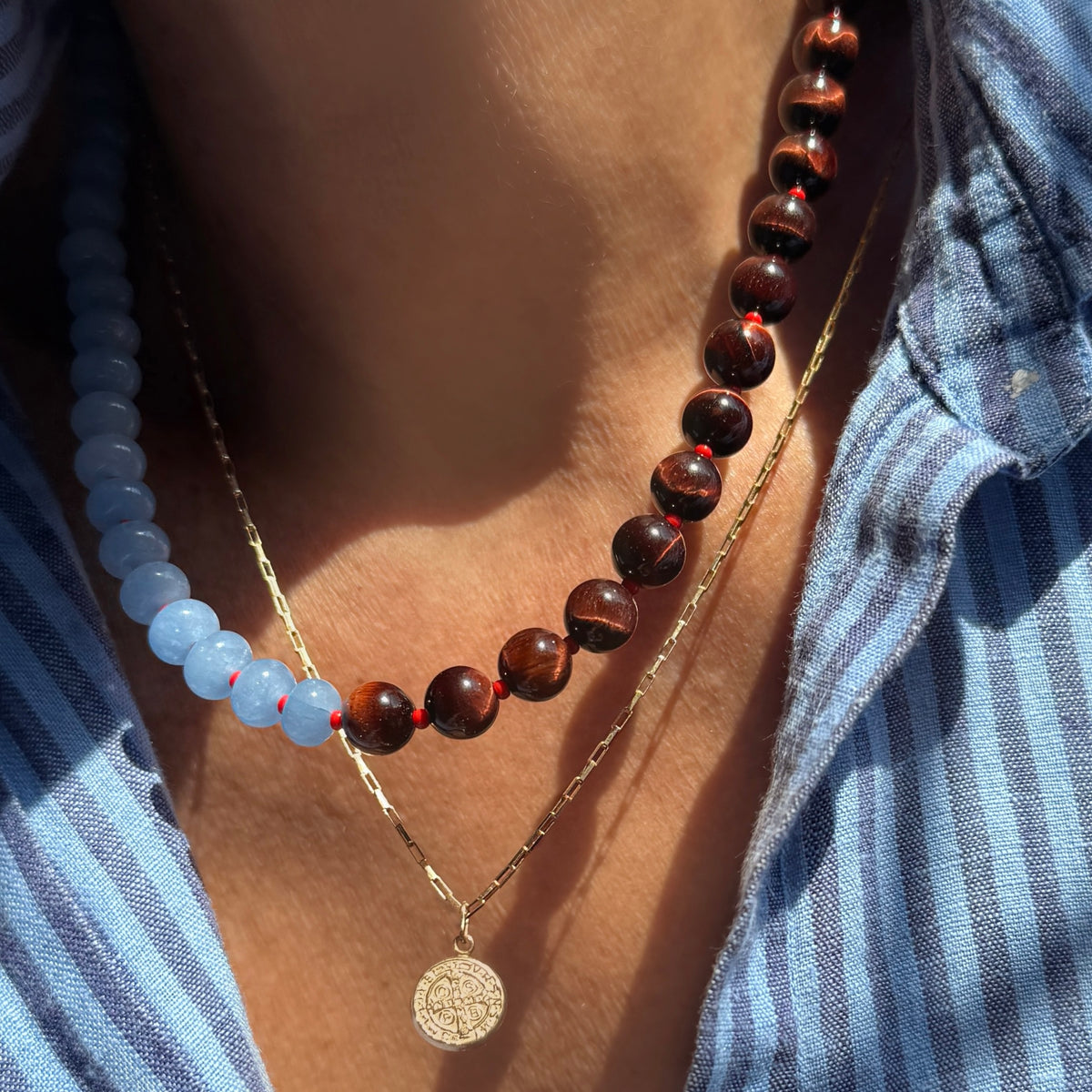 COLLAB! Happy Kicks : tiger's eye, jade and red coral beaded gemstone necklace