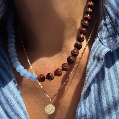 COLLAB! Happy Kicks : tiger's eye, jade and red coral beaded gemstone necklace