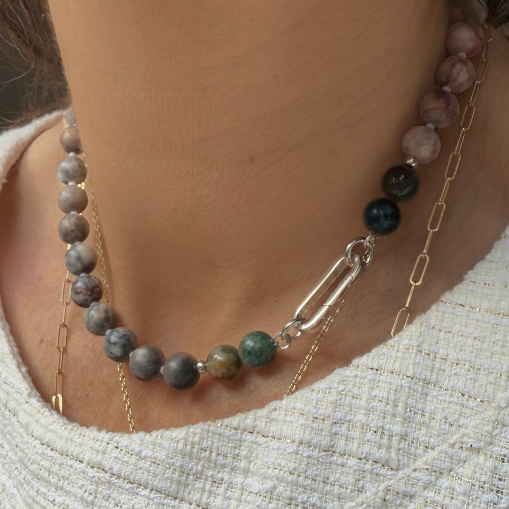 Crafted with Agate and Jasper gemstones, the Eclipse Beaded Necklace offers a timeless, customizable look. Choose between a 14K gold or sterling silver clasp to complete your style.