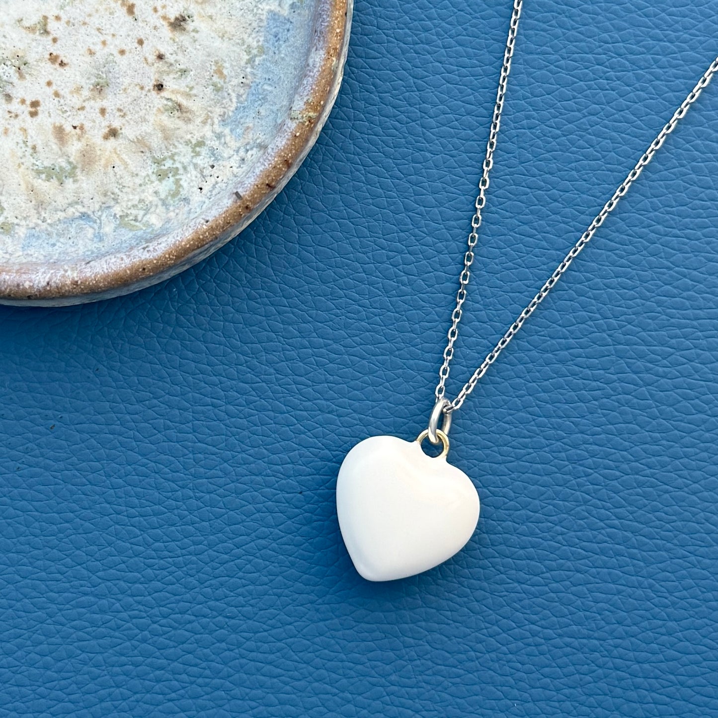 White Puffy Enamel Heart on Sterling Silver Chain