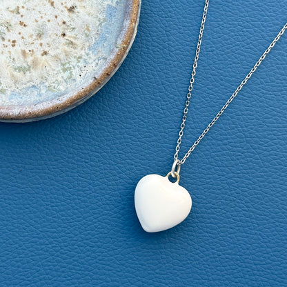 White Puffy Enamel Heart on Sterling Silver Chain
