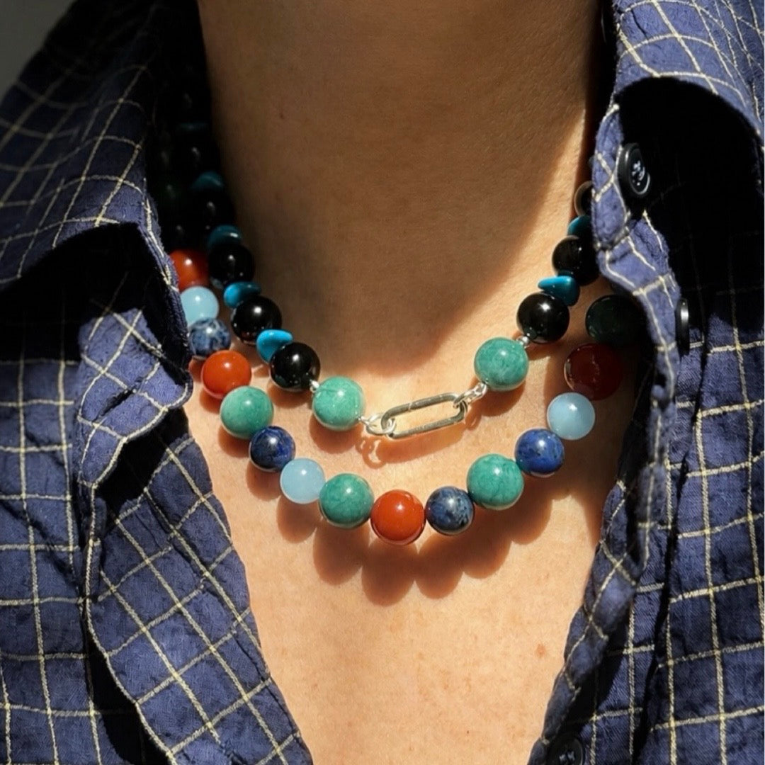 BLUE NIGHT : black onyx, vintage Japanese glass wavy beads + aquamarine