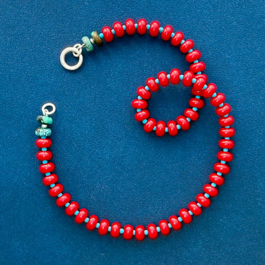 Hot + Cool : Red Coral+ Turquoise - Natural Gemstone Beaded Necklace