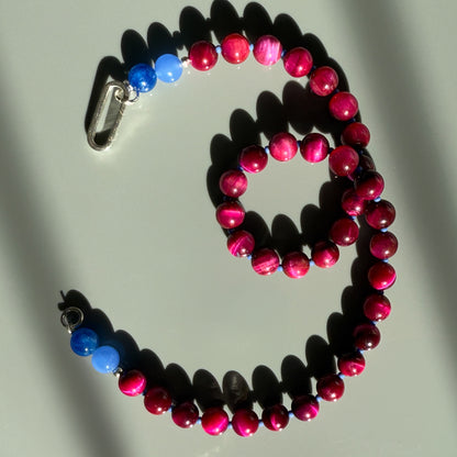 Fuchsia Flash: Tigers Eye, Chalcedony and Kyanite - Natural Gemstone Beaded Necklace