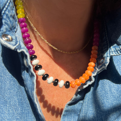 A playful and vibrant necklace combining jade, onyx, and chalcedony gemstones, perfect for layering or standalone wear with a silver clasp.