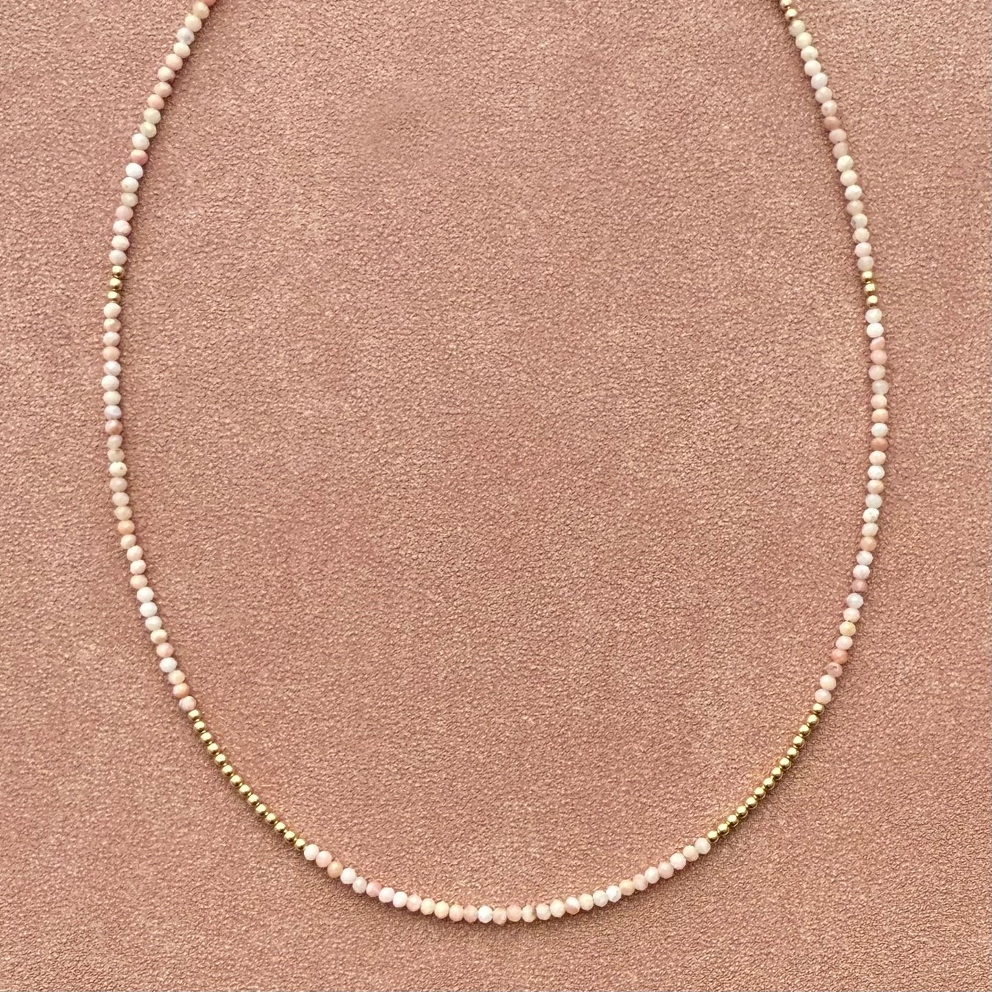 strand necklace : 14k gold + pink opal