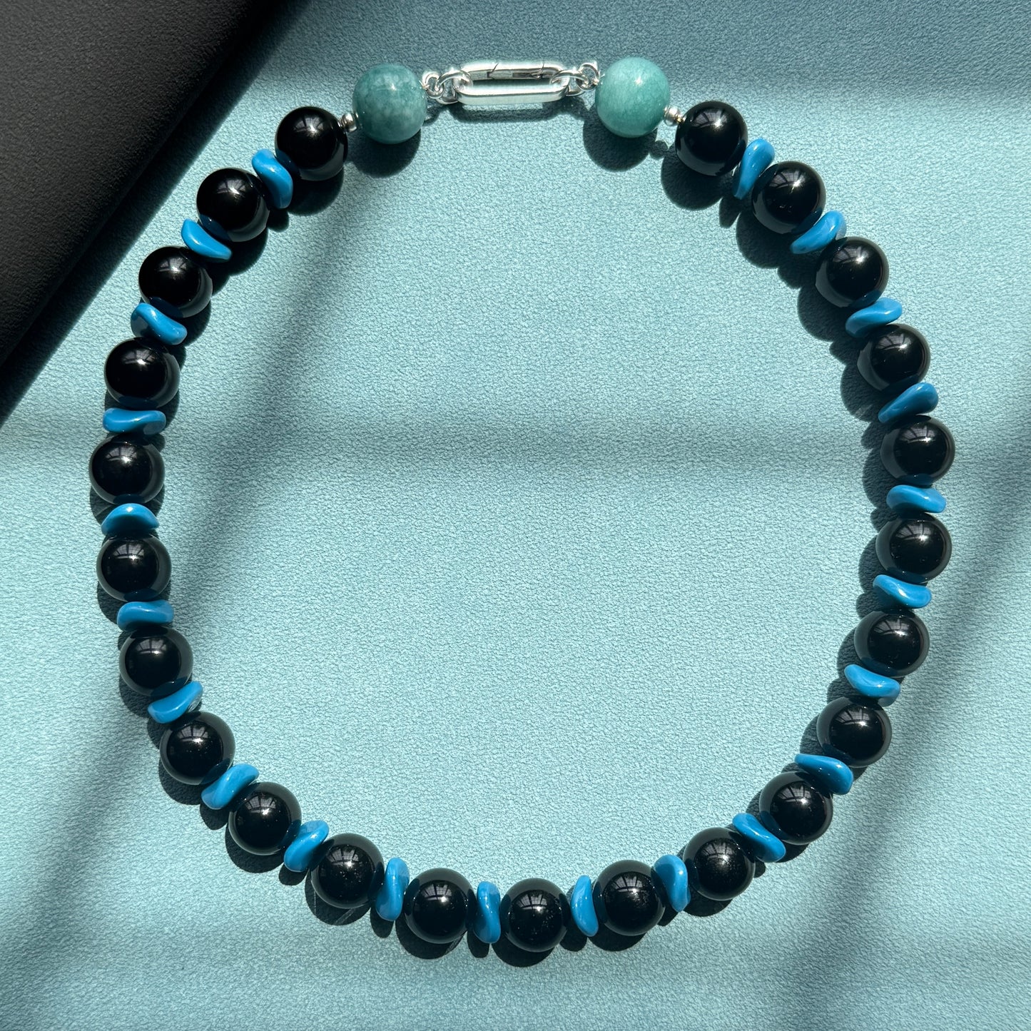 BLUE NIGHT : black onyx, vintage Japanese glass wavy beads + aquamarine