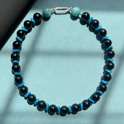BLUE NIGHT : black onyx, vintage Japanese glass wavy beads + aquamarine