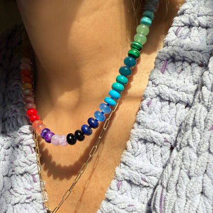 Model wearing a handcrafted gemstone necklace featuring vibrant 8mm opals, moonstone, jasper, jade, howlite, chrysocolla, chalcedony, lapis, turquoise, onyx, and rhodonite. Accented with Czech glass beads and a sterling silver clasp.