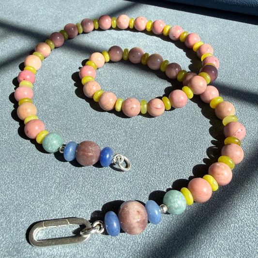 WREN : pastel beaded gemstone necklace, rhodochrosite, yellow jade, moonstone, aventuine, and dumortierite