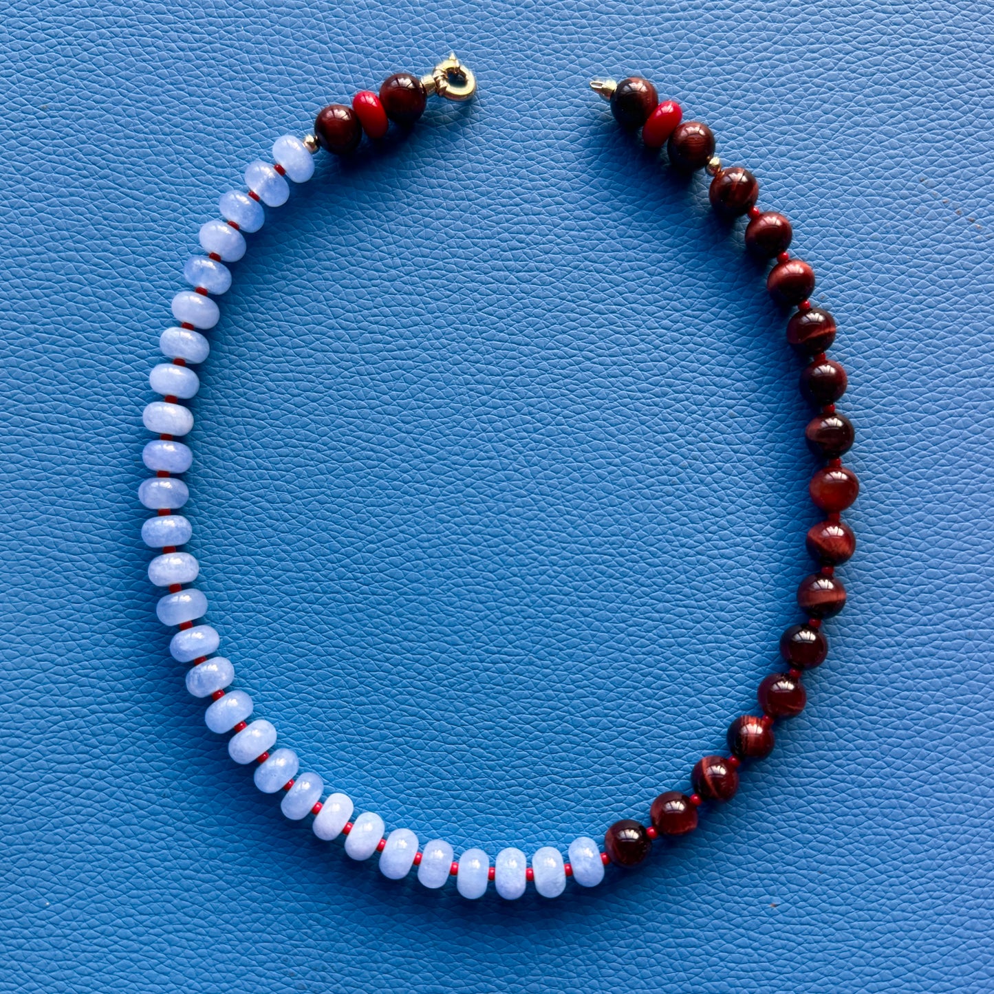 COLLAB! Happy Kicks : tiger's eye, jade and red coral beaded gemstone necklace