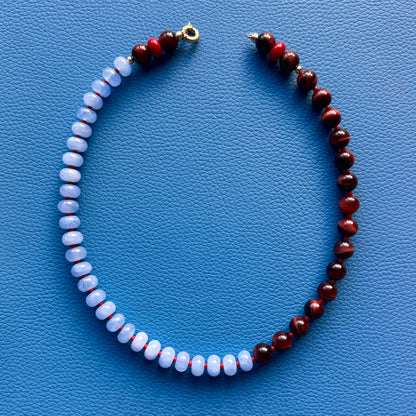 COLLAB! Happy Kicks : tiger's eye, jade and red coral beaded gemstone necklace