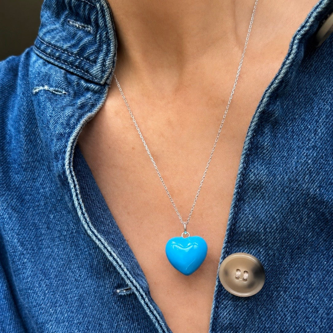 Blue Puffy Enamel Heart on Sterling Silver Chain