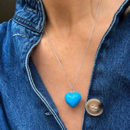 Blue Puffy Enamel Heart on Sterling Silver Chain
