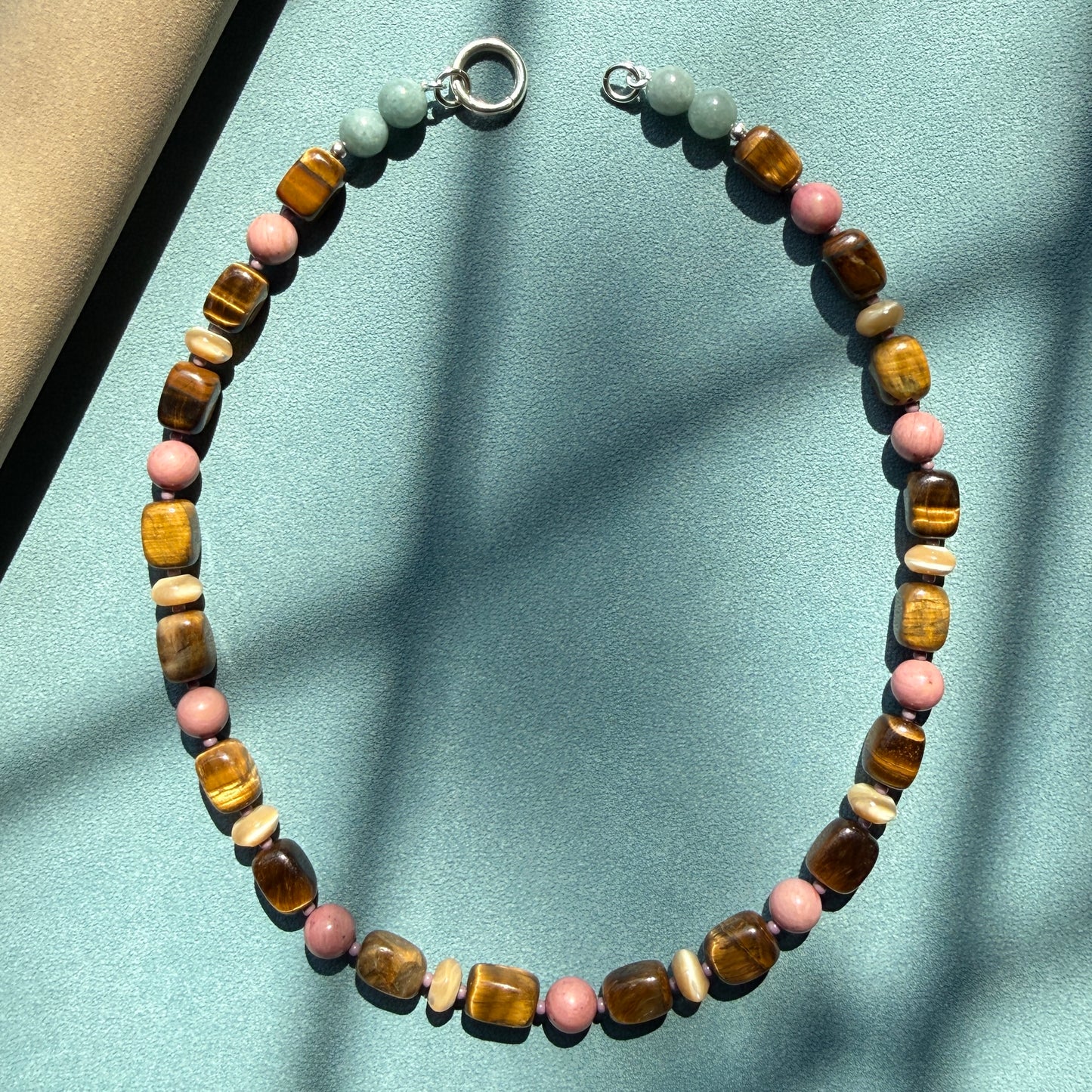 WILLA : tiger's eye, mother of pearl, rhodochrosite and Burmese jade